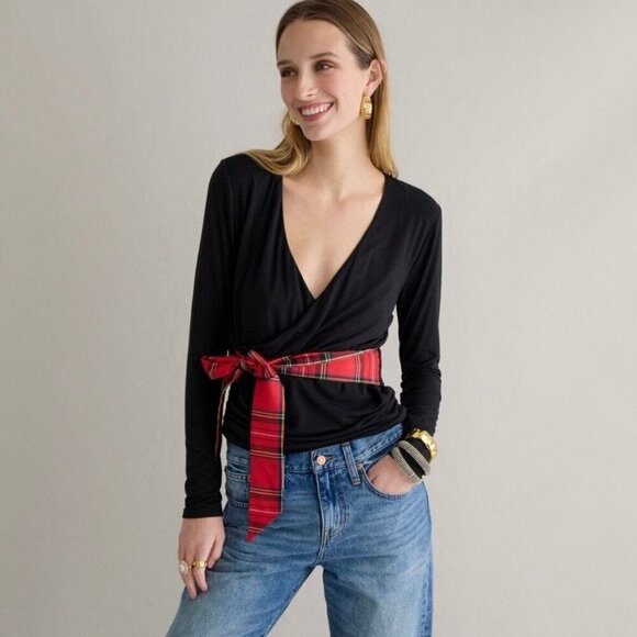 NWT J Crew FormKnit Long Sleeve Wrap Top M Red Plaid Bow Preppy Academia - Picture 1 of 5